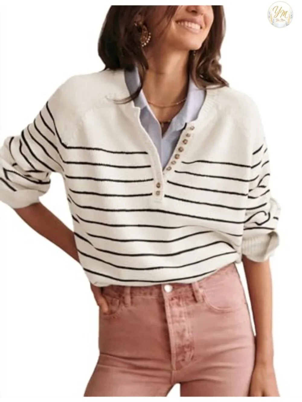 Striped Color Block Crewneck Knit Sweater with Buttons